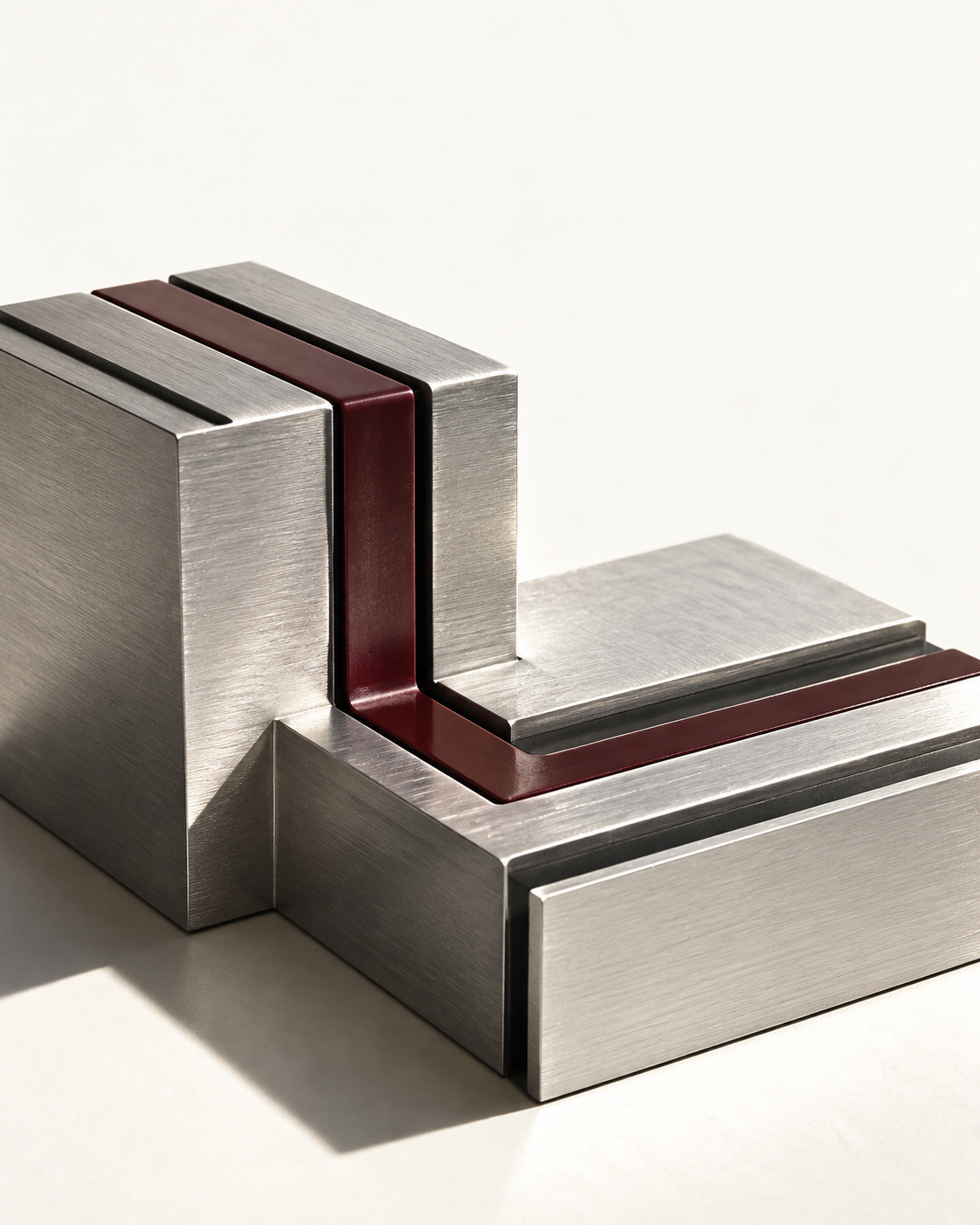 Interlocking brushed-metal channels joined by a precise oxblood path